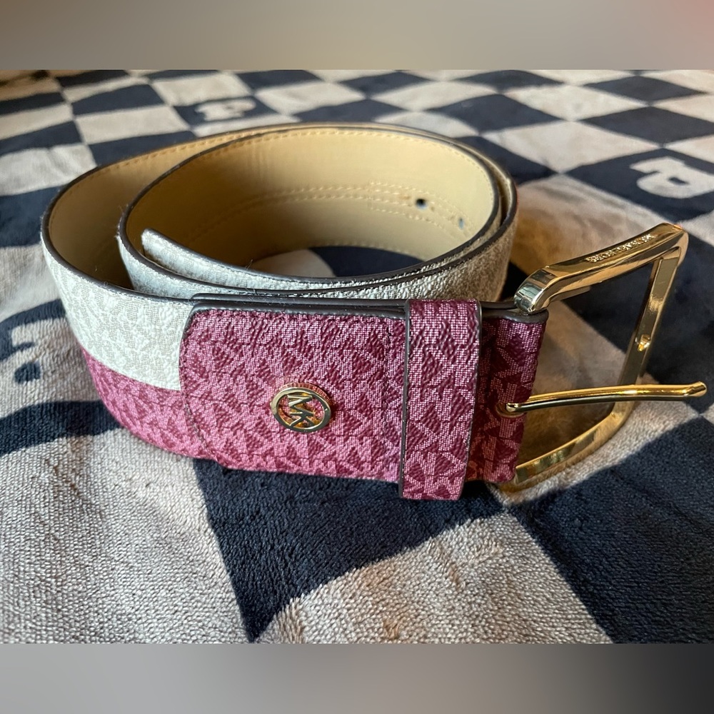 Michael Kors leather maroon-white-belt-wide-gold-buckle Women’s belt